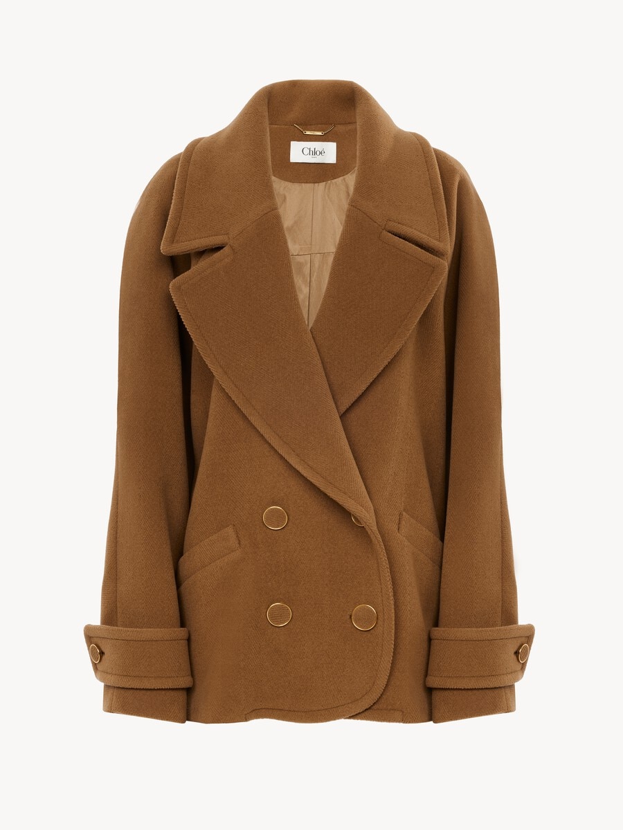 Double-breasted short coat in herringbone wool - 1