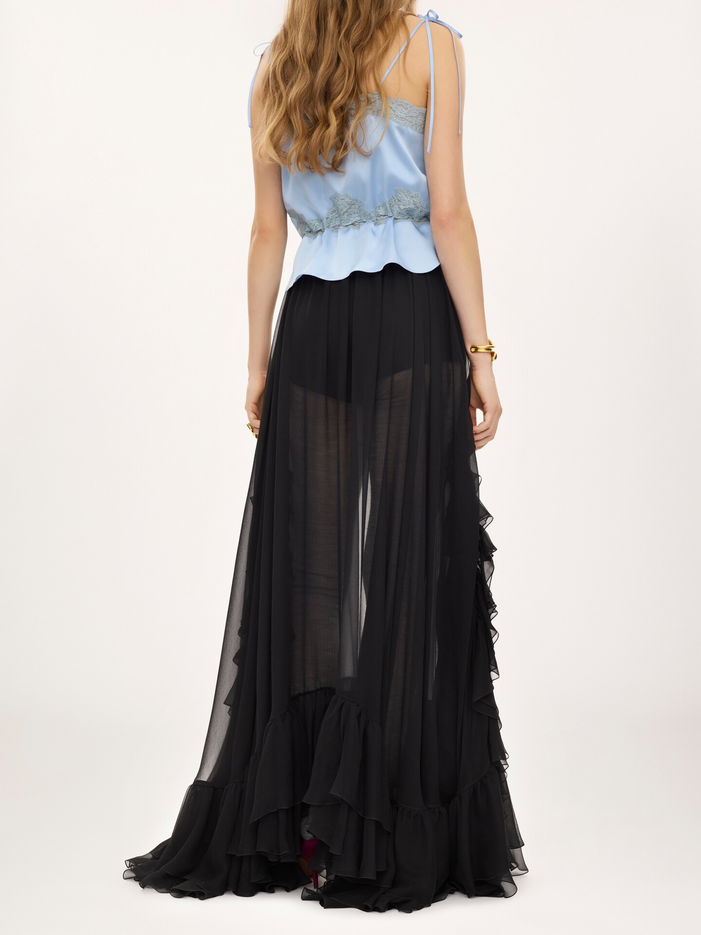 Ruffled long skirt in silk mousseline - 5