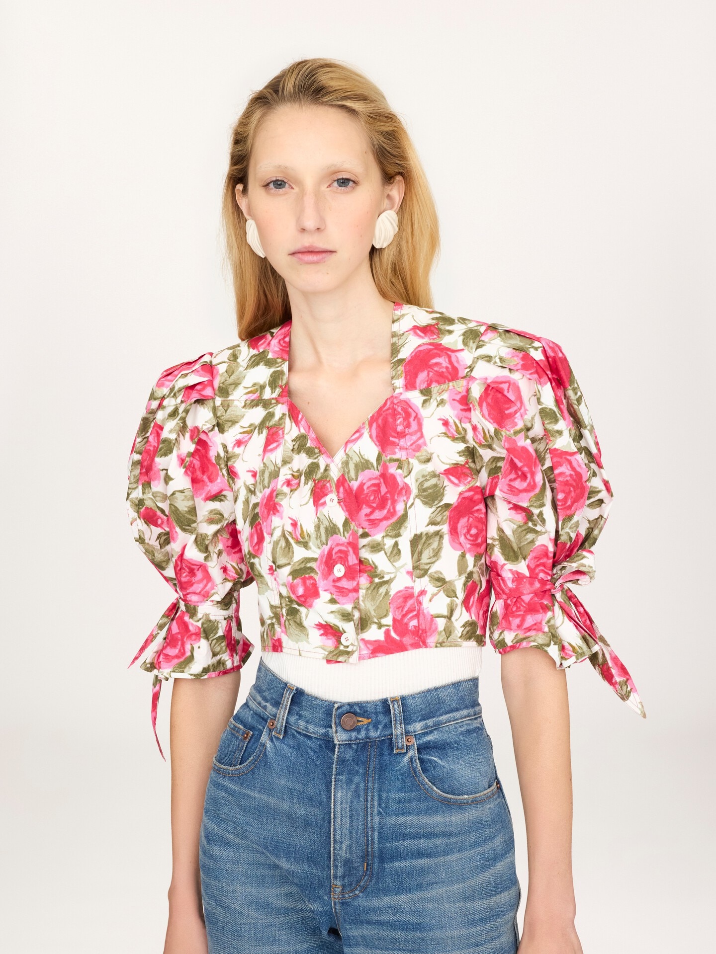 Puff-sleeve cropped top in cotton poplin - 6