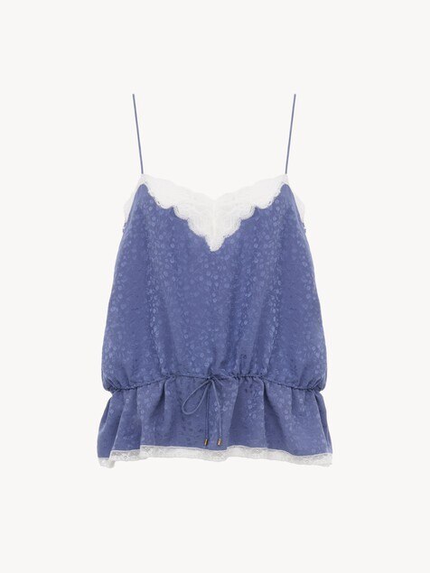 Drawstring camisole top in silk jacquard & lace