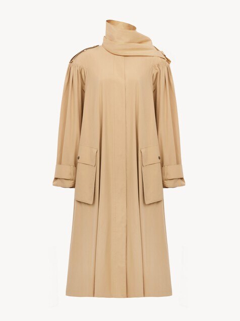High-neck scarf trench coat in cotton poplin
