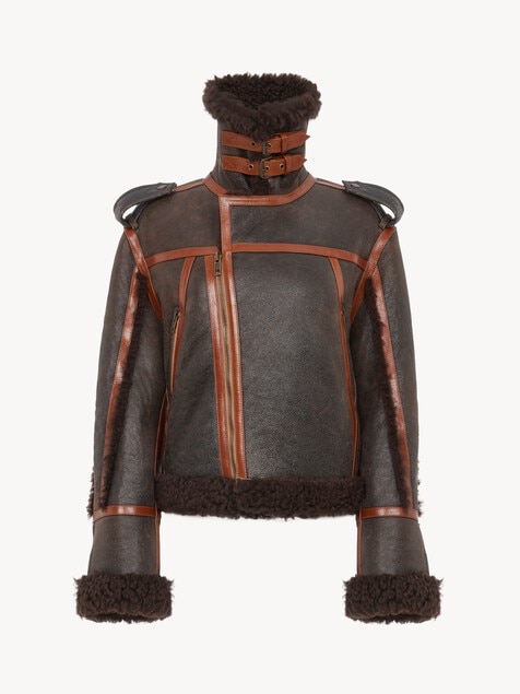 High-neck jacket in shearling
