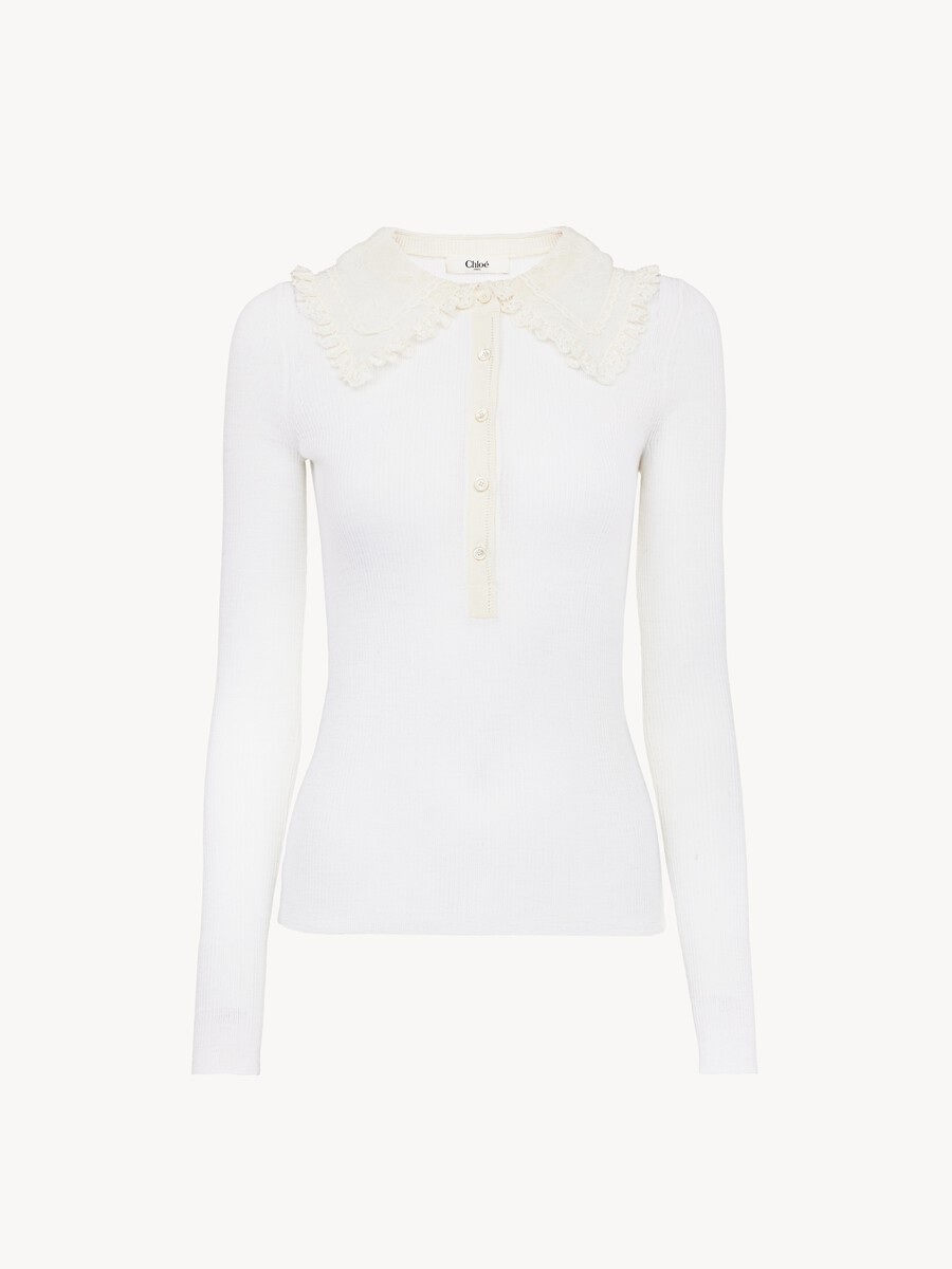 Collared Henley shirt in superfine wool knit & lace - 2