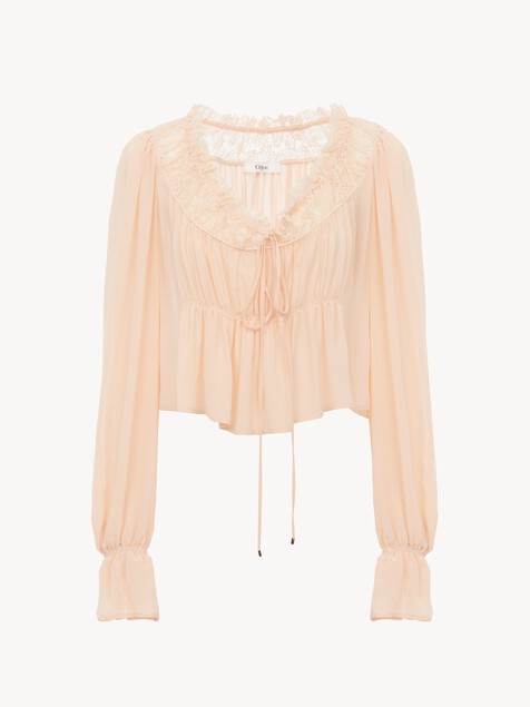 Scoop-neck cropped top in silk georgette & lace