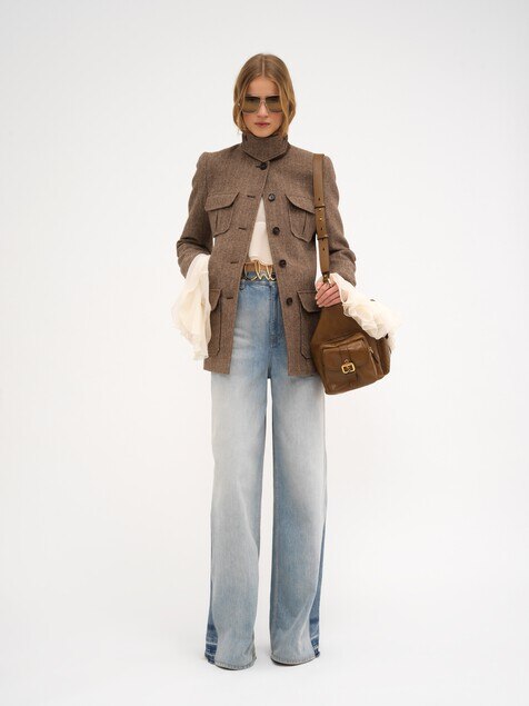 Long officer jacket in herringbone wool