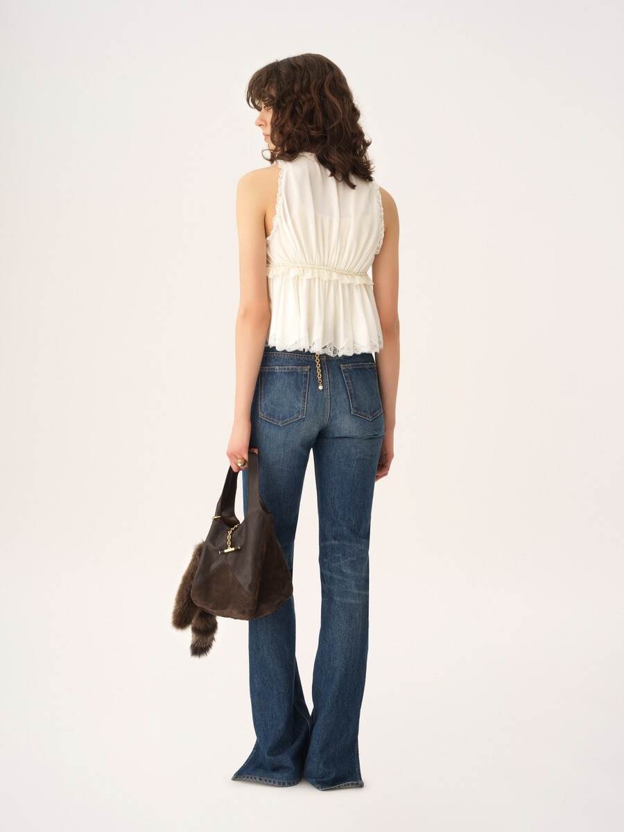 Tie-front sleeveless top in washed silk satin & lace - 5