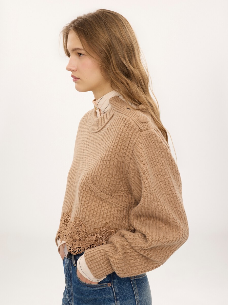 Cropped mock-neck sweater in a wool and cashmere knit & lace - 5