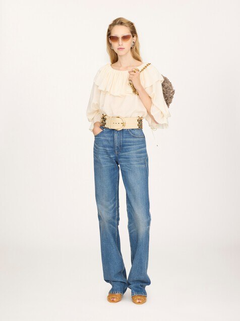 Fluid ruffle top in silk jacquard