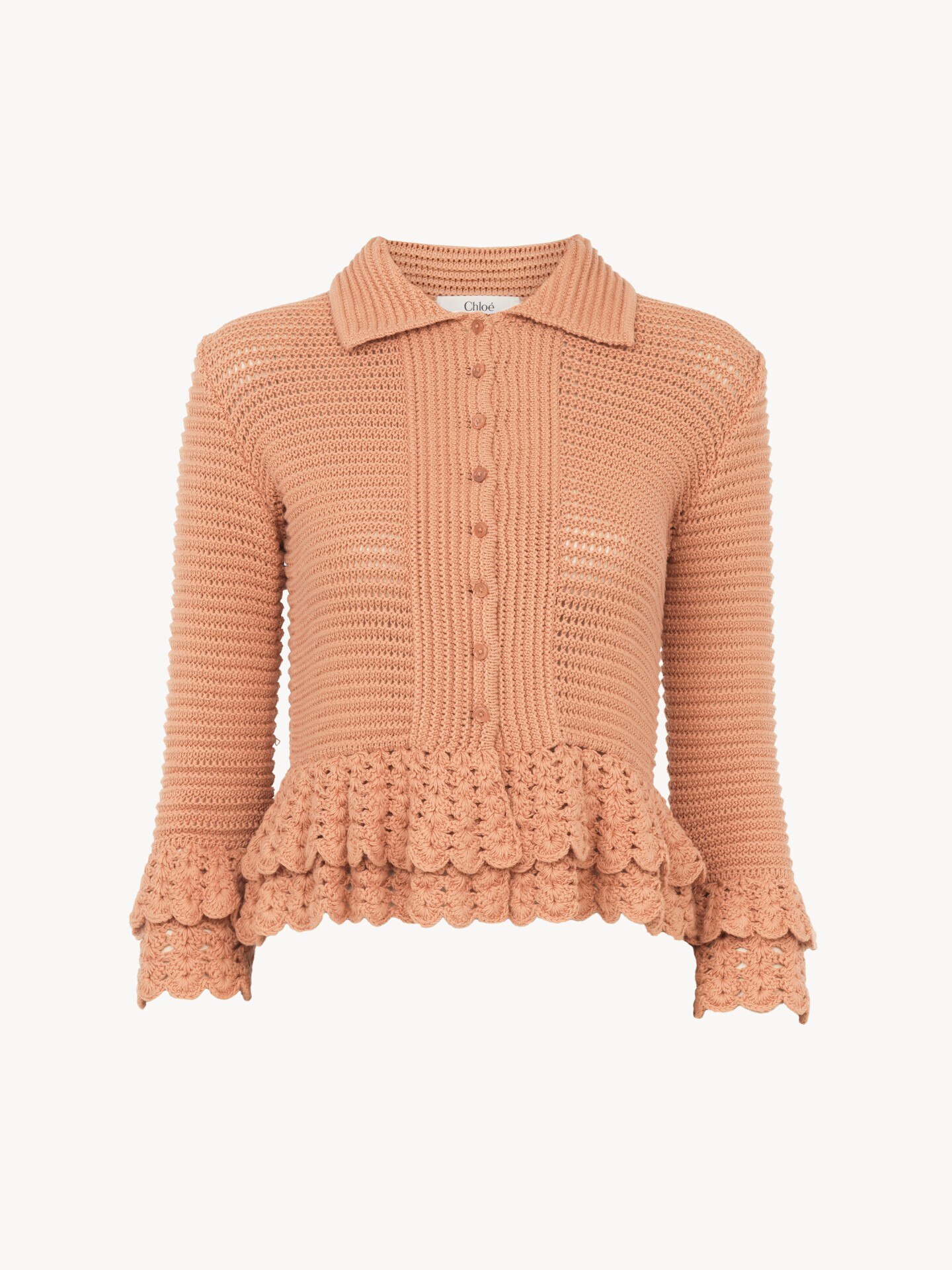 Fitted ruffled cardigan in crochet knit - 1