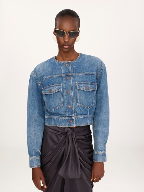Collarless cropped denim jacket