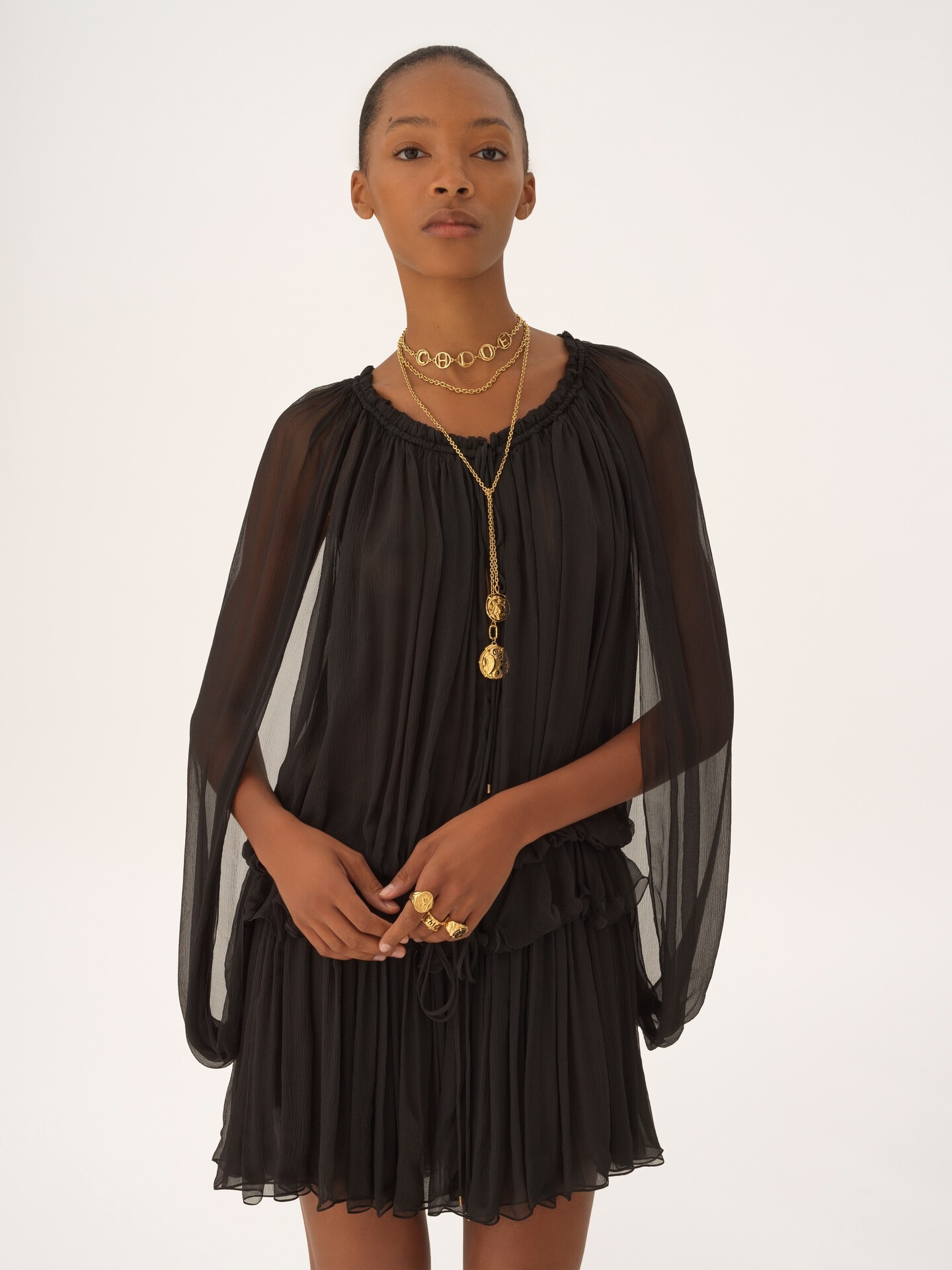 Mini cape dress in silk mousseline - 4