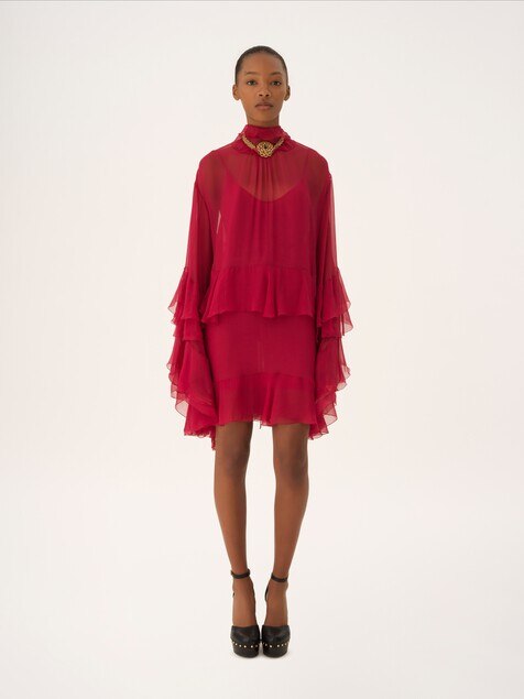Ruffled mini dress in silk mousseline