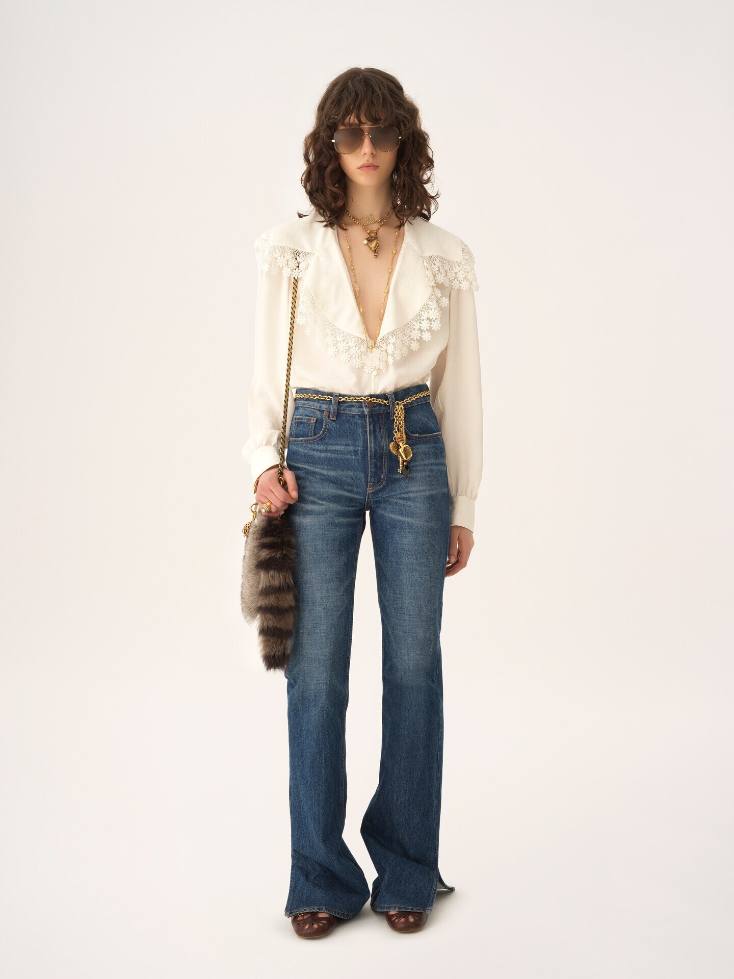 Maxi-collar blouse in silk jacquard & lace - 3