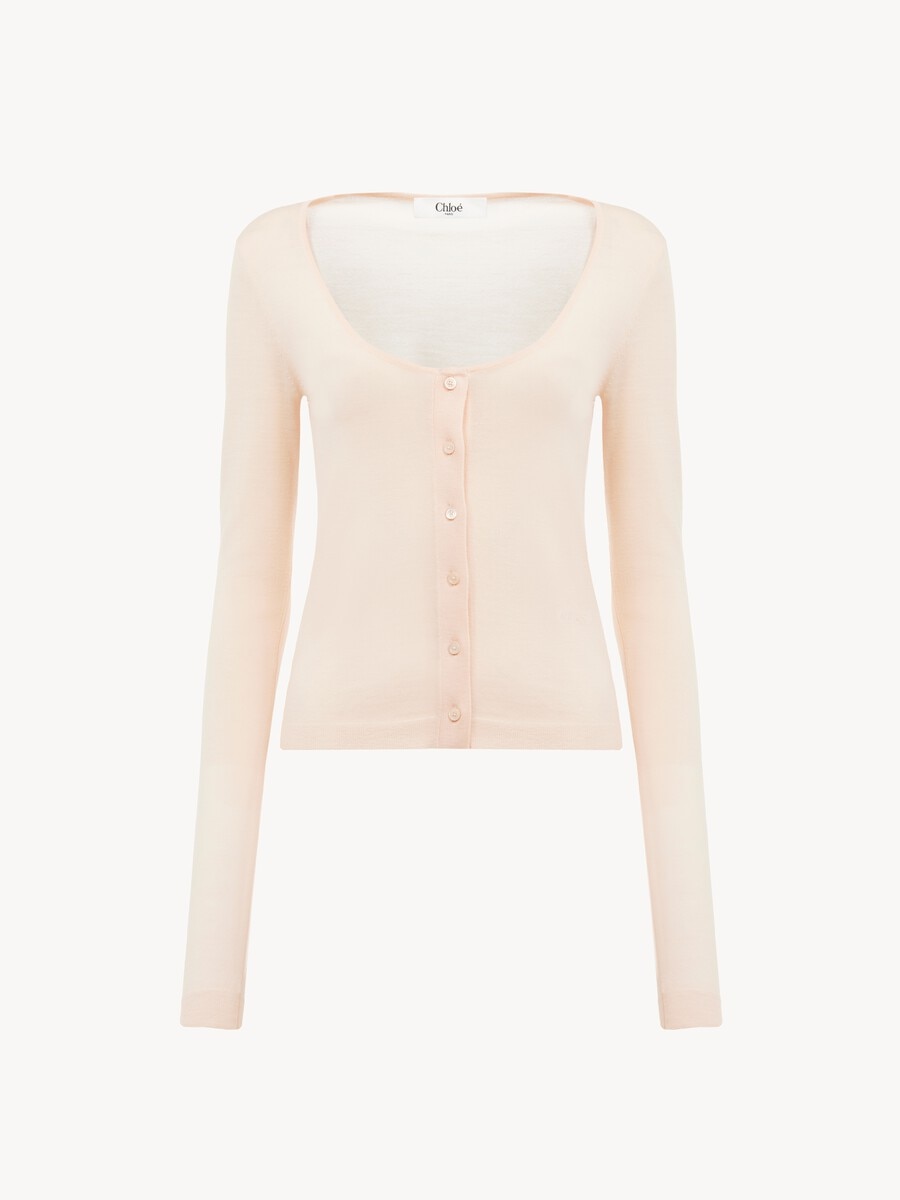 Scoop-neck fitted cardigan in superfine wool knit - 1