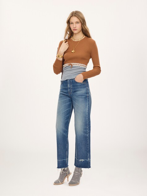 Jersey cropped ajustado de punto de lana y encaje