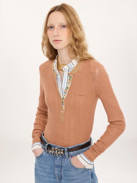 Fitted Henley shirt in superfine wool knit