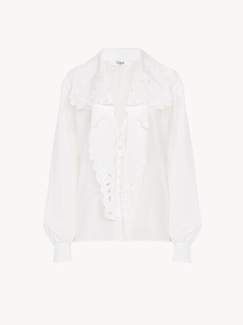 Embroidered lavallière shirt in cotton poplin