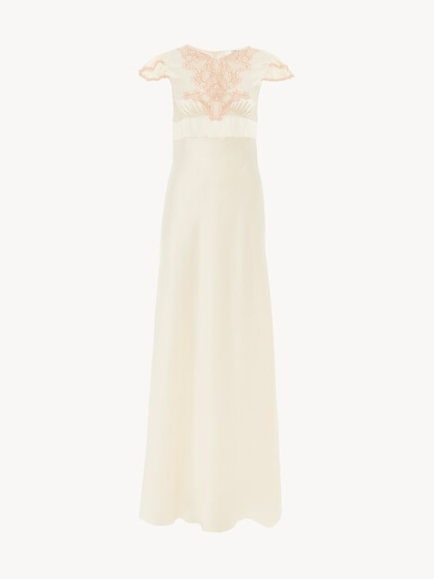 Vestido de columna de manga casquillo de sat&eacute;n de seda lavada y encaje
