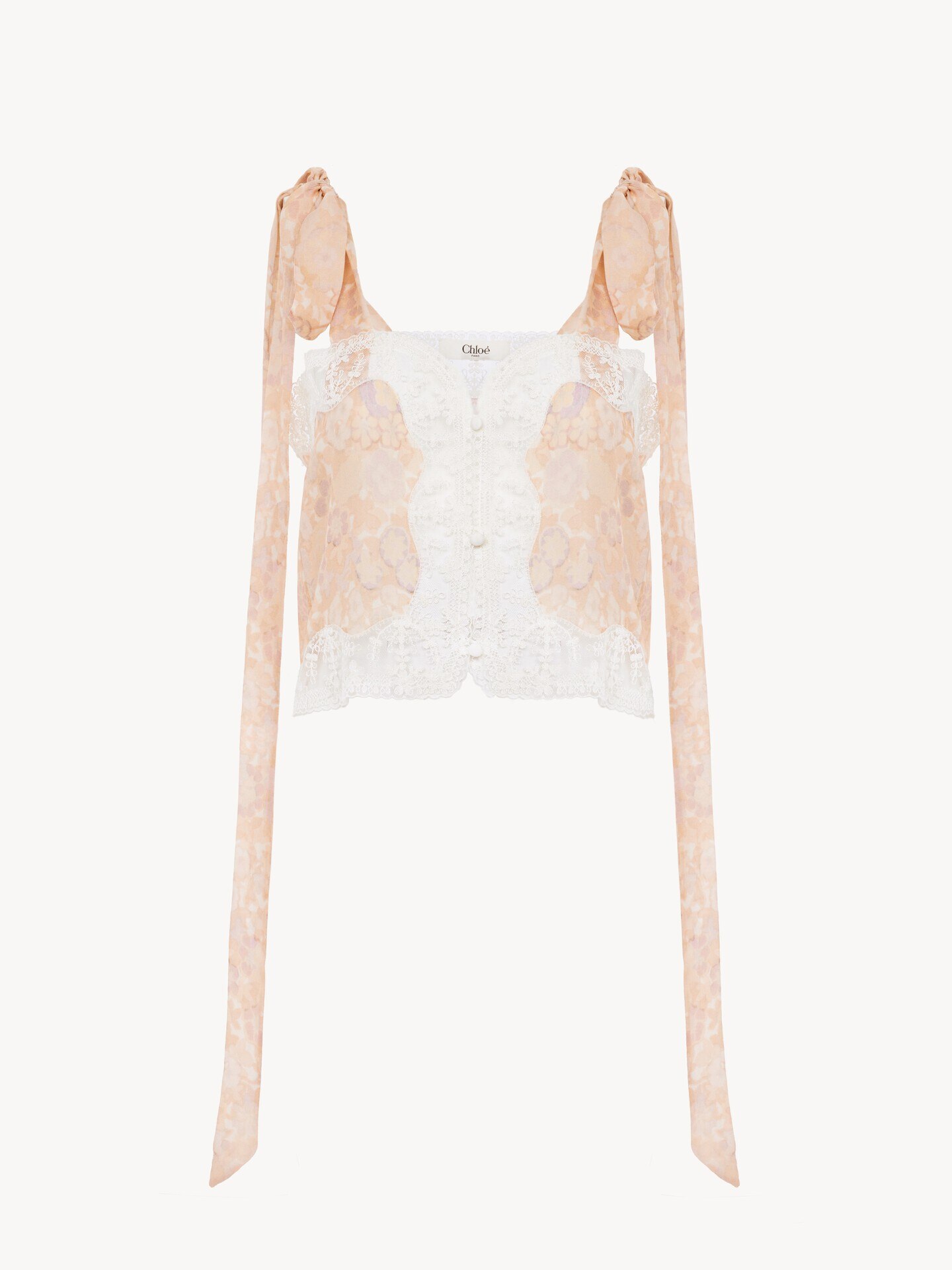 Tie-strap cropped top in silk charmeuse & lace - 2