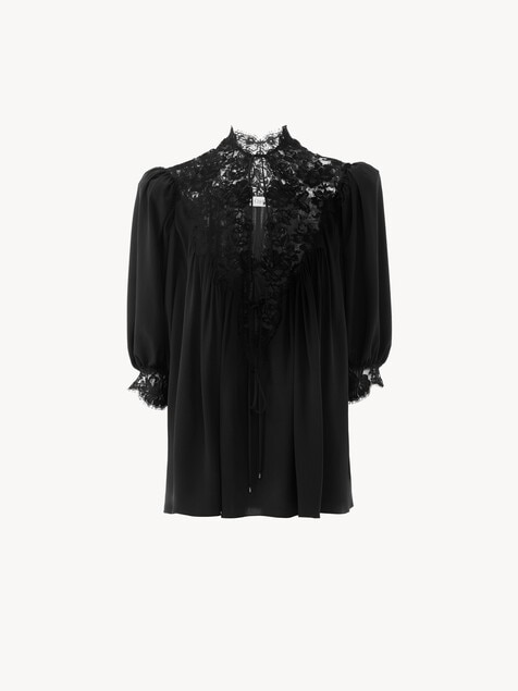 Fluid puff-sleeve top in cr&ecirc;pe de chine & lace