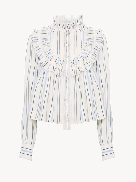 Ruffled blouse in silk jacquard & lace