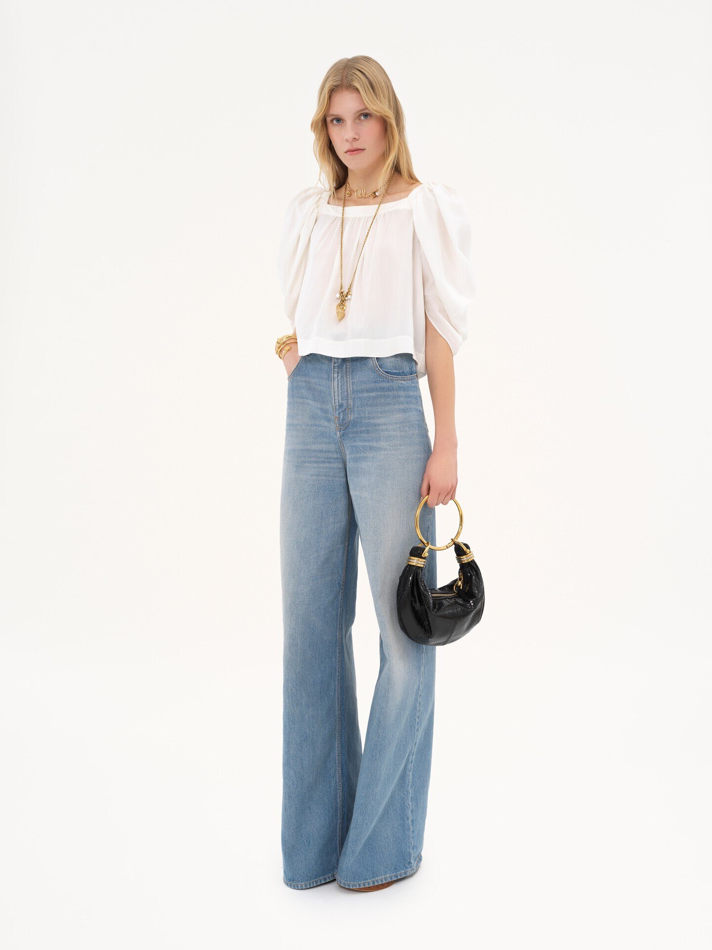 Puff-sleeve pleated top in silk poplin - 3