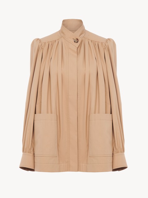High-neck gathered jacket in cotton gabardine