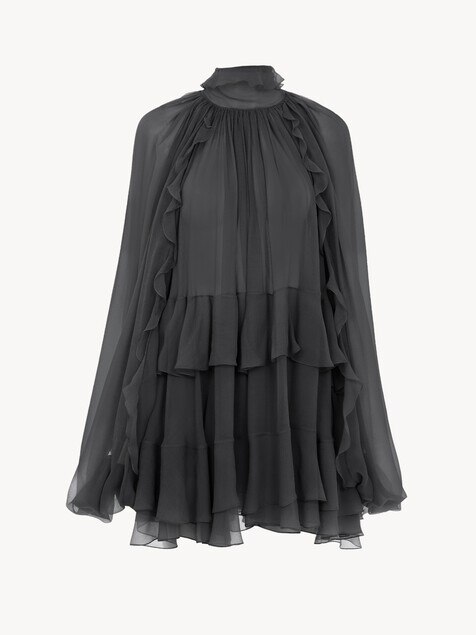 Mini cape dress in silk mousseline