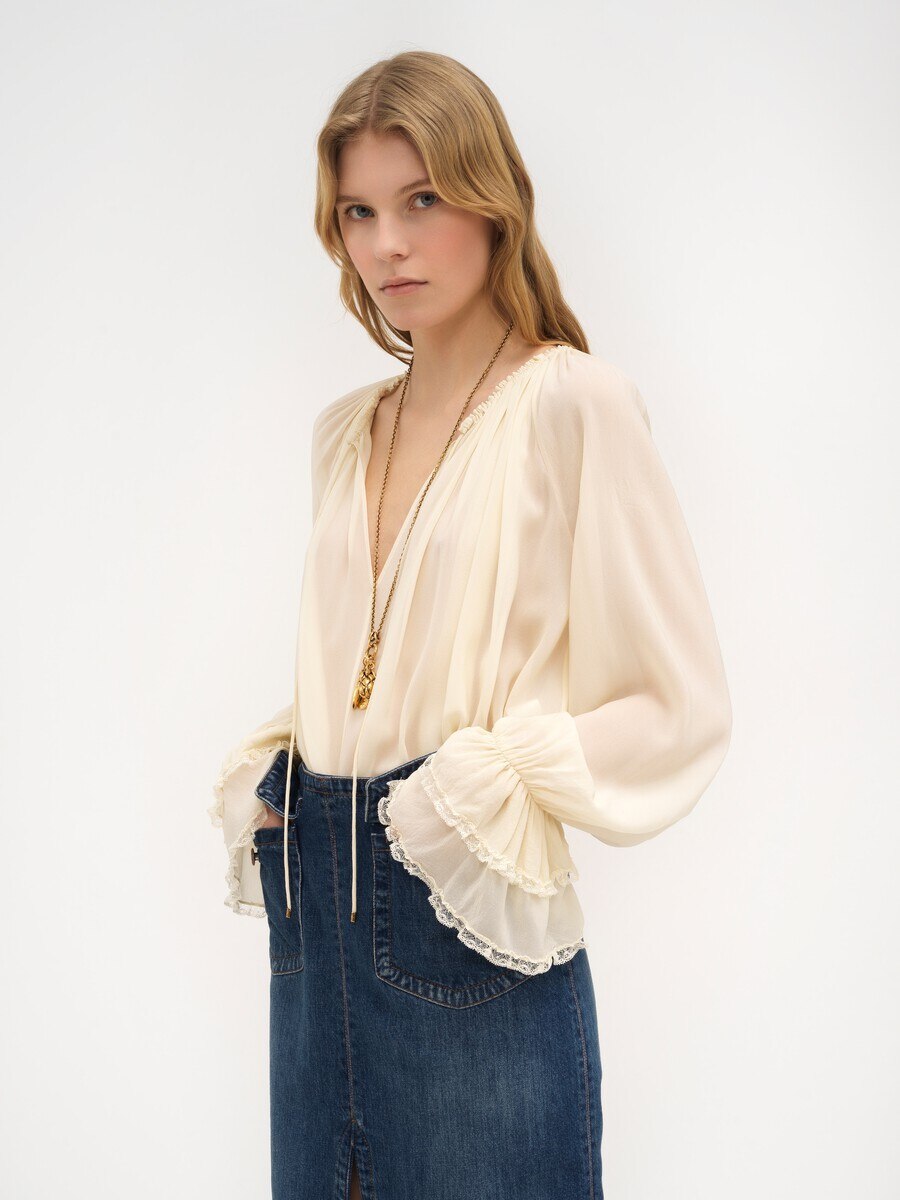 Gathered V-neck top in silk georgette - 4