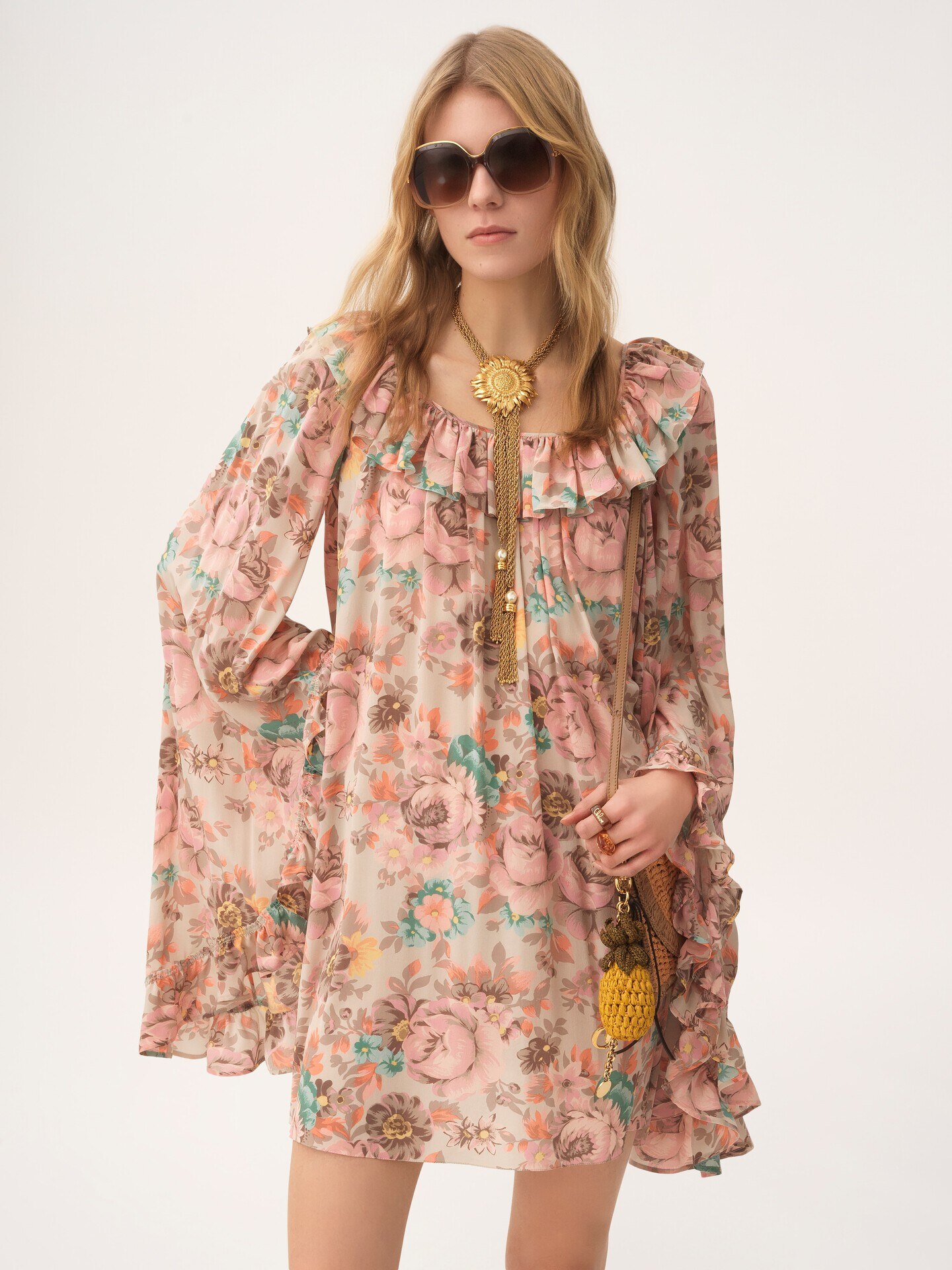 Square-neck ruffled mini dress in cr&ecirc;pe de chine - 4