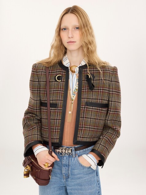 Chaqueta de corte boxy cropped sin cuello de lana de cuadros