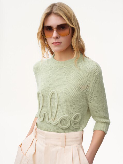 Elbow-sleeve logo jumper in alpaca wool & silk knit