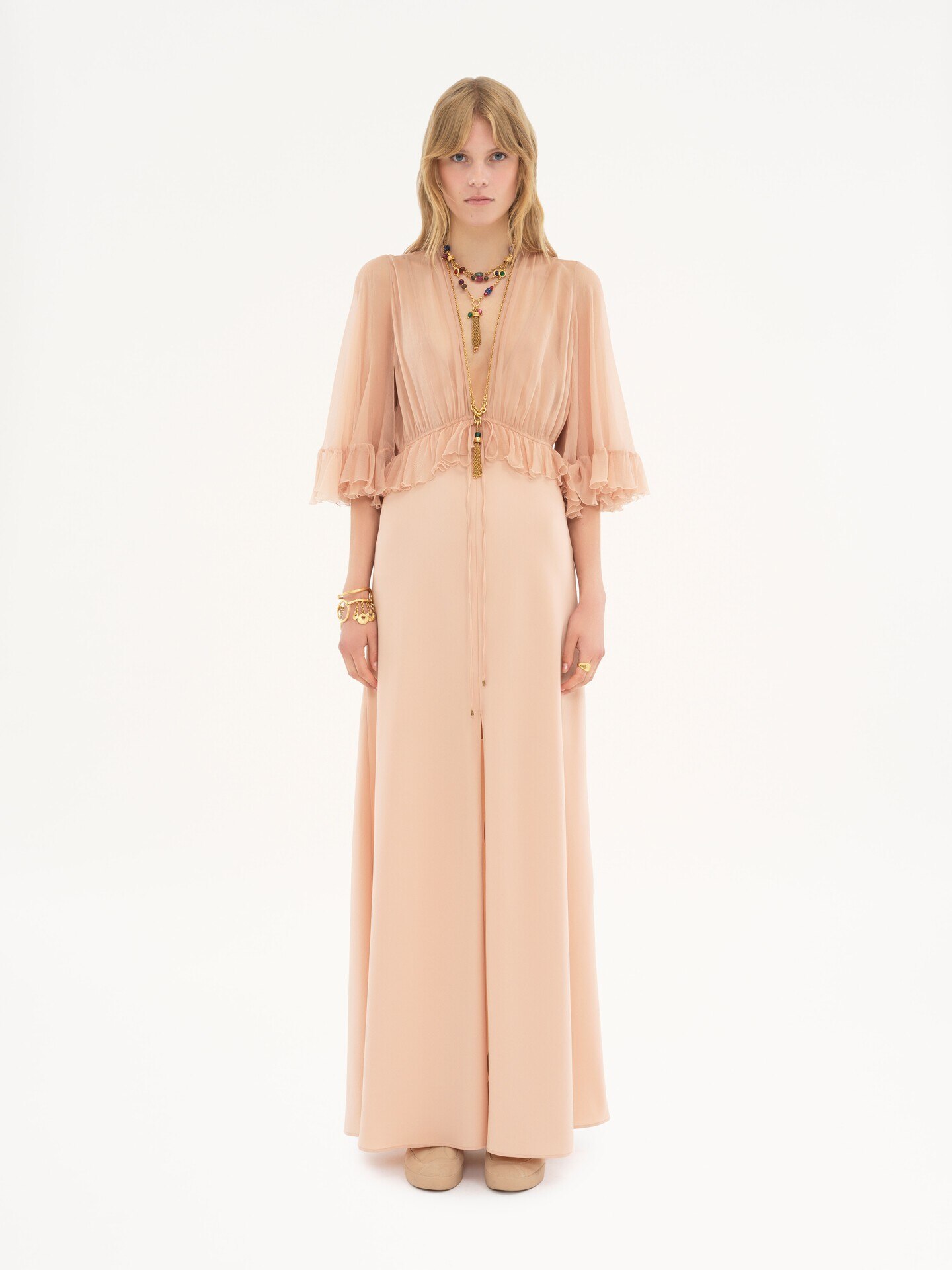 V-neck long dress in cr&ecirc;pe satin - 5