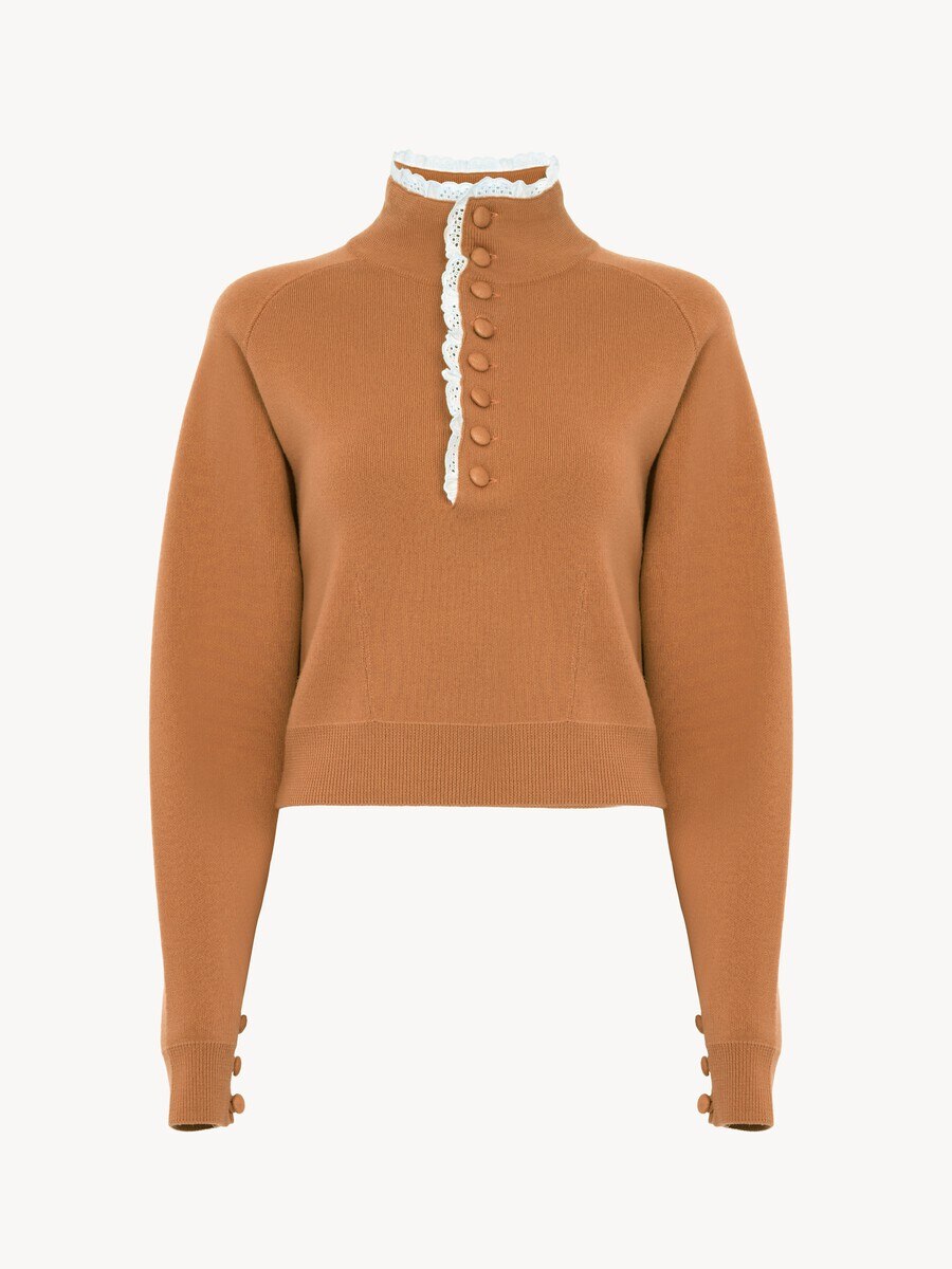 High-neck sweater in a wool knit & lace - 2