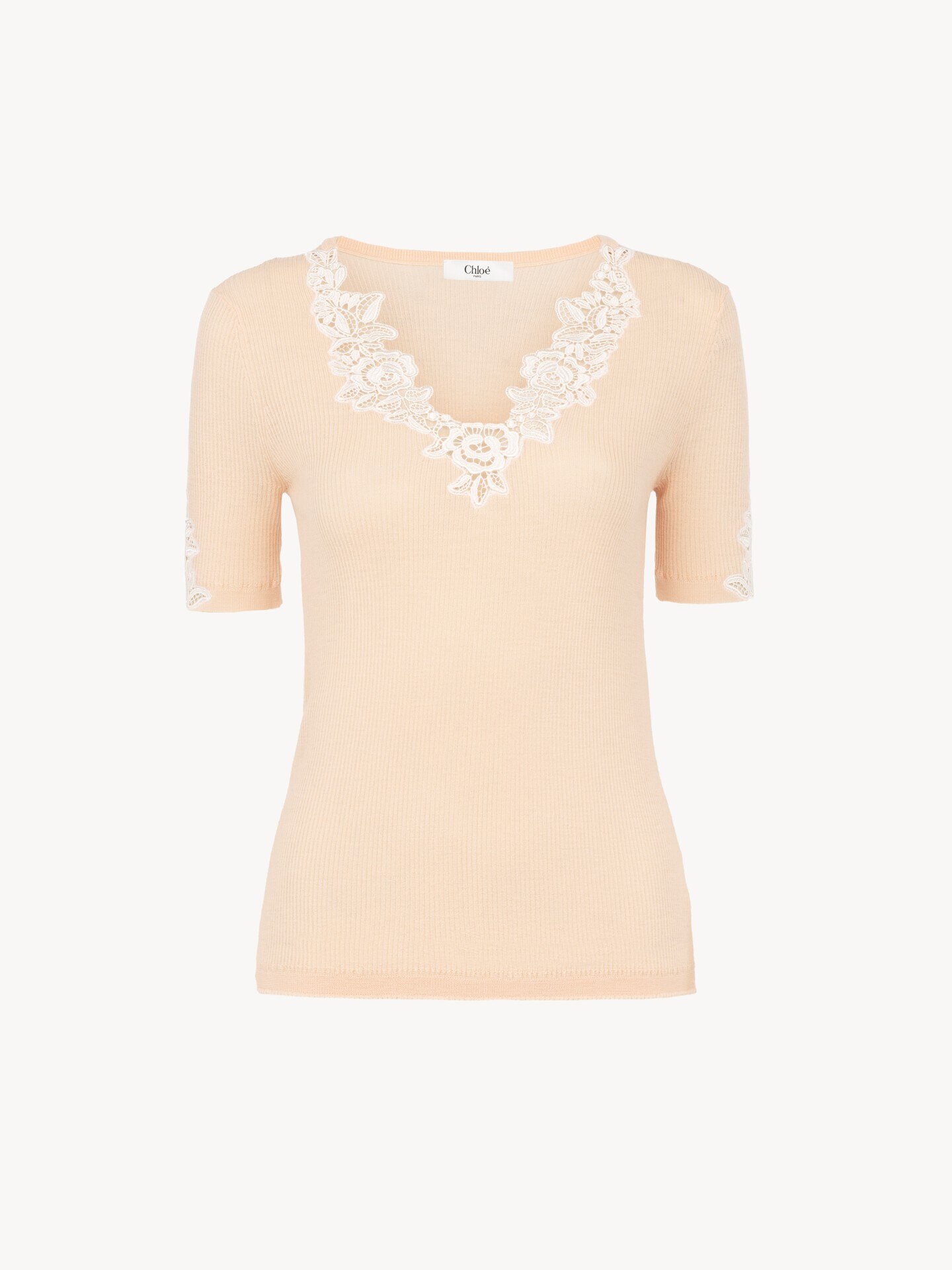 Fitted short-sleeve top in guipure lace wool knit - 1