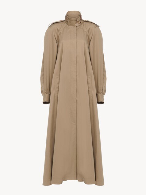 High-neck long trench coat in cotton gabardine