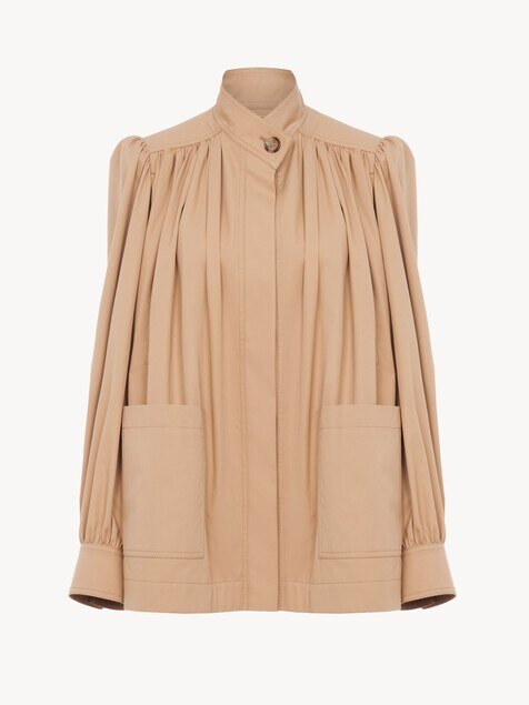 High-neck gathered jacket in cotton gabardine