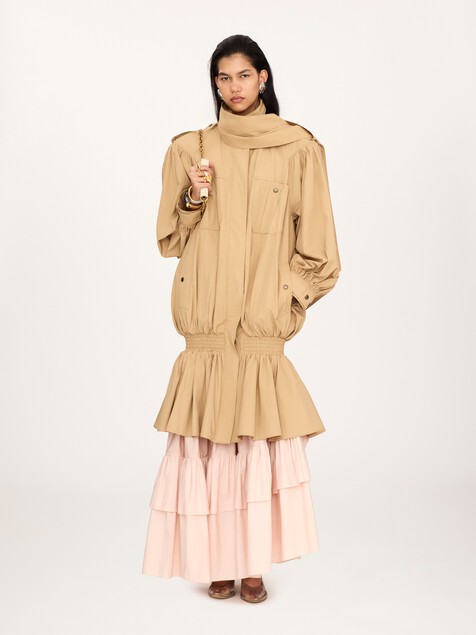 High-neck gathered trench coat in cotton poplin