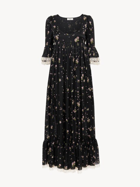 Scoop-neck midi dress in silk charmeuse & lace