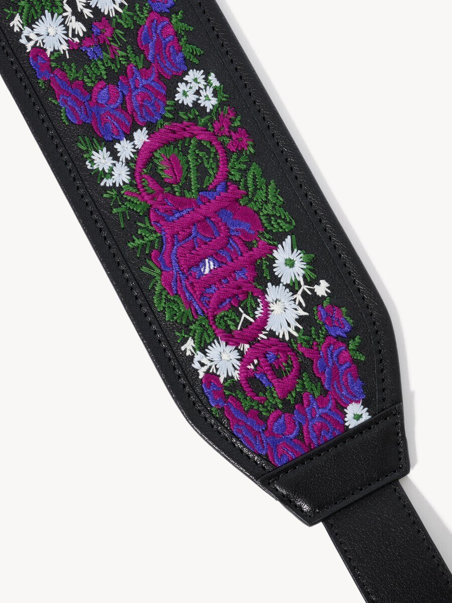 Grained leather strap with roses embroidery - 4