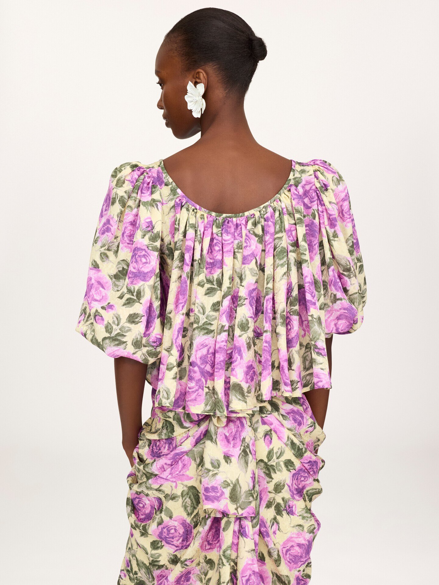 Cropped puff-sleeve top in silk jacquard - 5