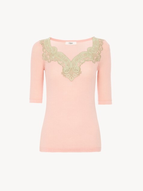 Jersey de manga al codo ajustado de punto de lana y encaje