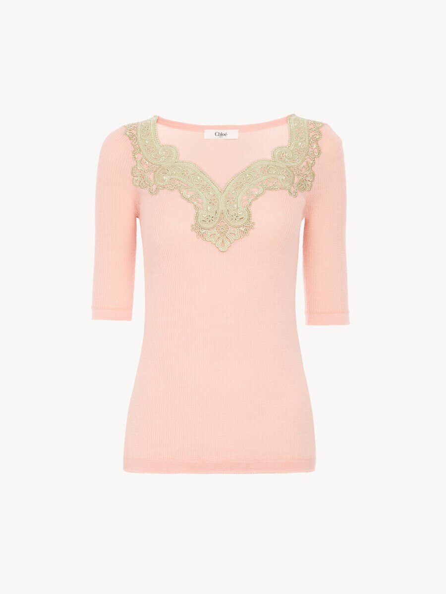 Elbow-sleeve fitted sweater in a wool knit & lace - 2