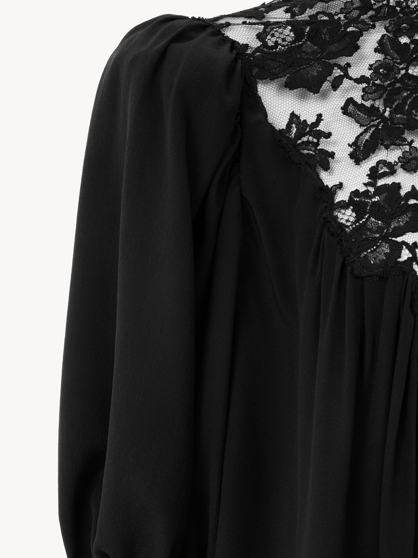 Fluid puff-sleeve top in cr&ecirc;pe de chine & lace - 2