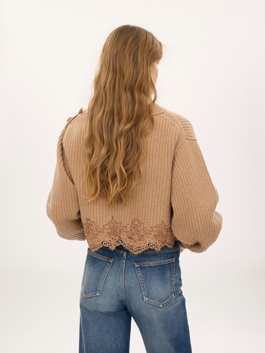 Cropped mock-neck sweater in a wool and cashmere knit & lace - 7