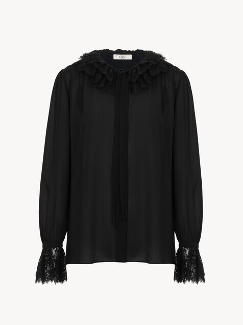Fluid blouse in silk georgette & lace