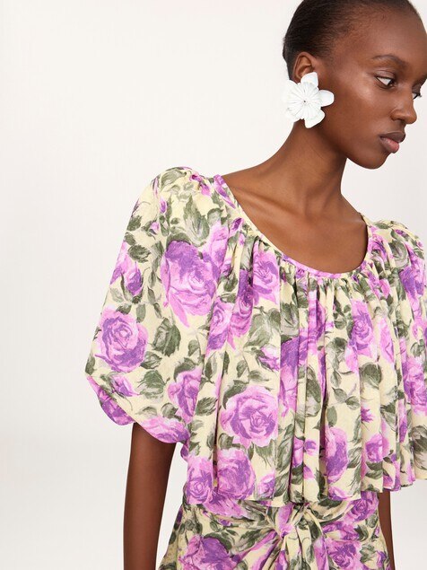 Cropped puff-sleeve top in silk jacquard