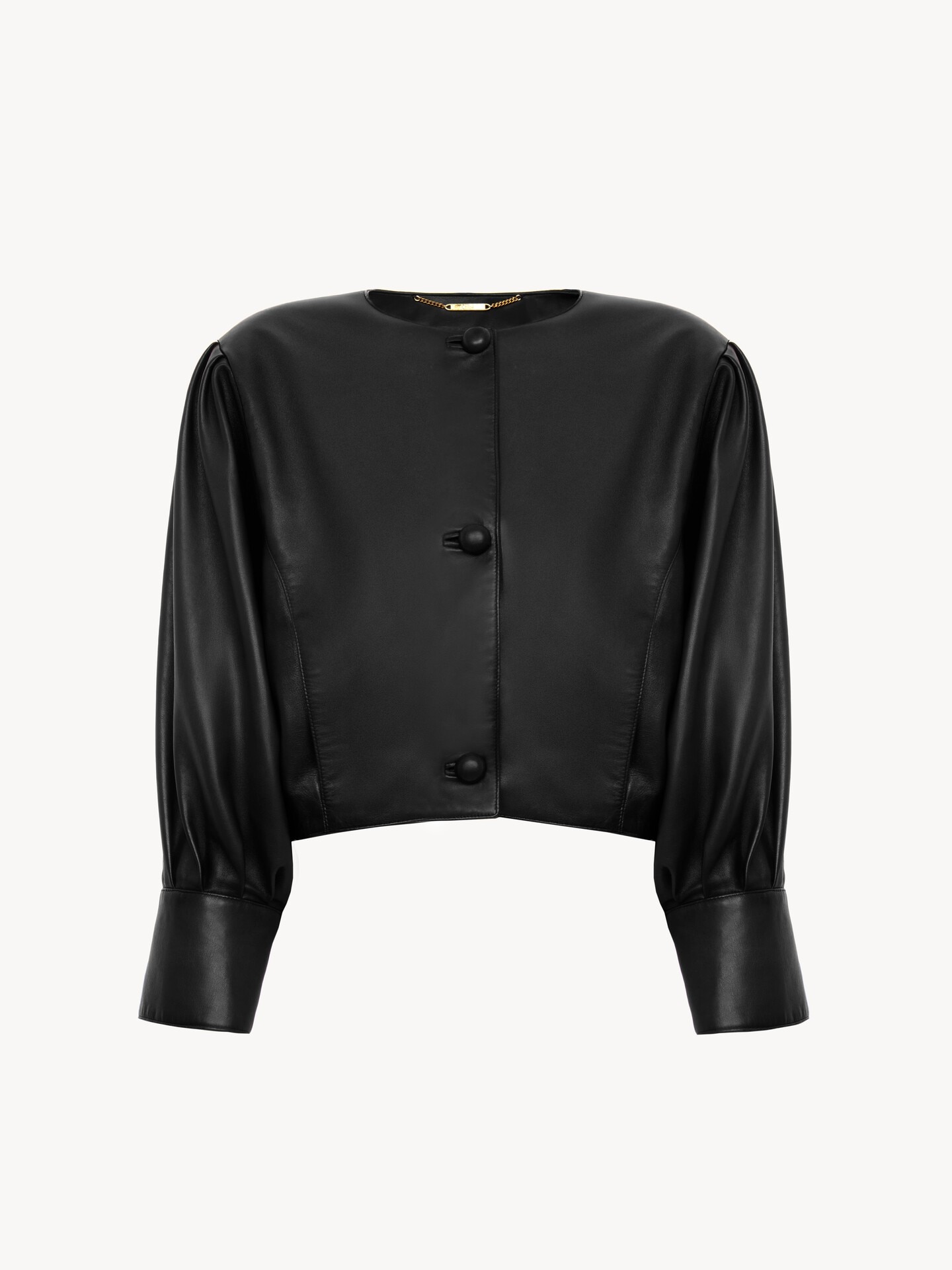 Cropped collarless jacket in leather - 2