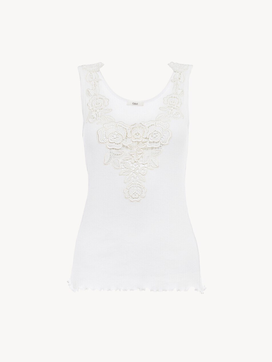 Fitted tank top in cotton jersey & guipure