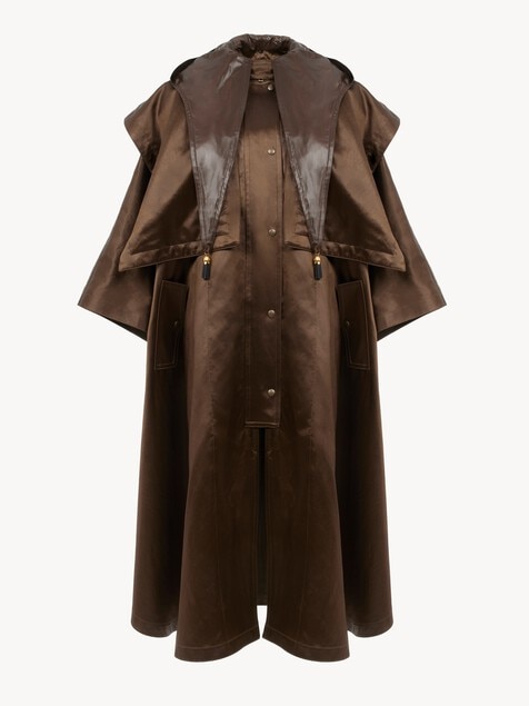 Hooded long cape coat in satin